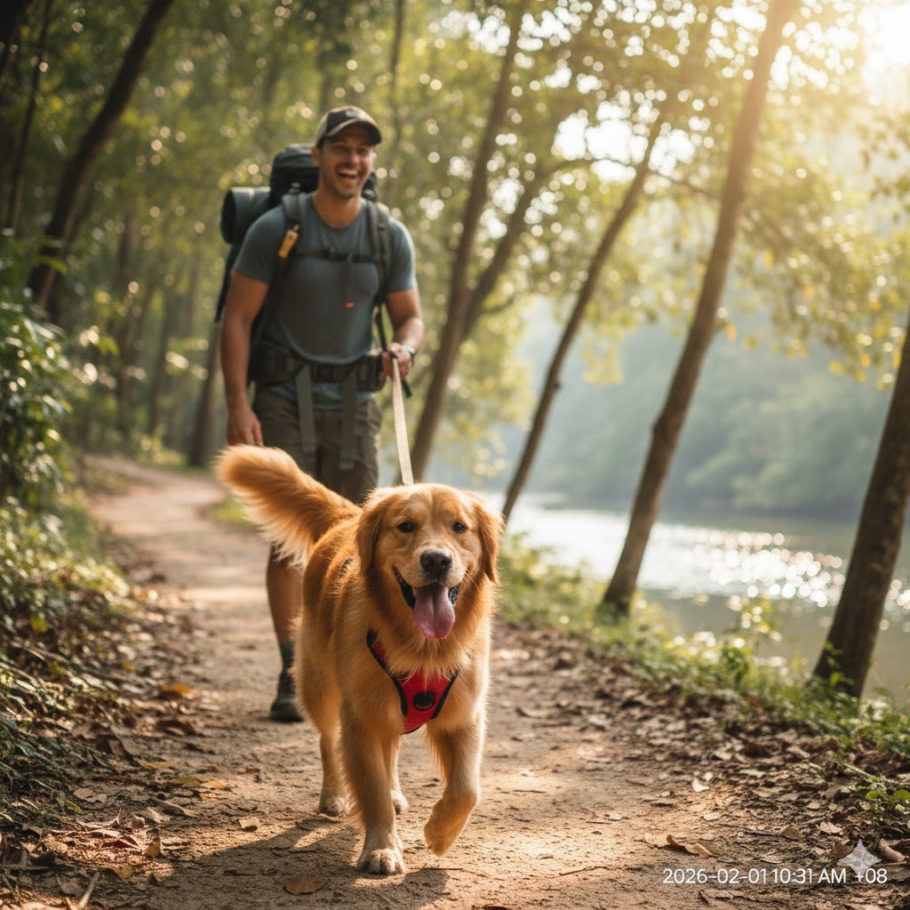 Adventure walking: Dog owner taking golden retriever on forest trail walk